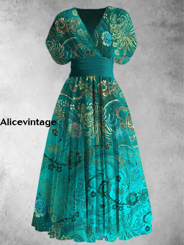 Vintage Floral Print Elegant V-Neck Chic Short Sleeve Maxi Dress A / S
