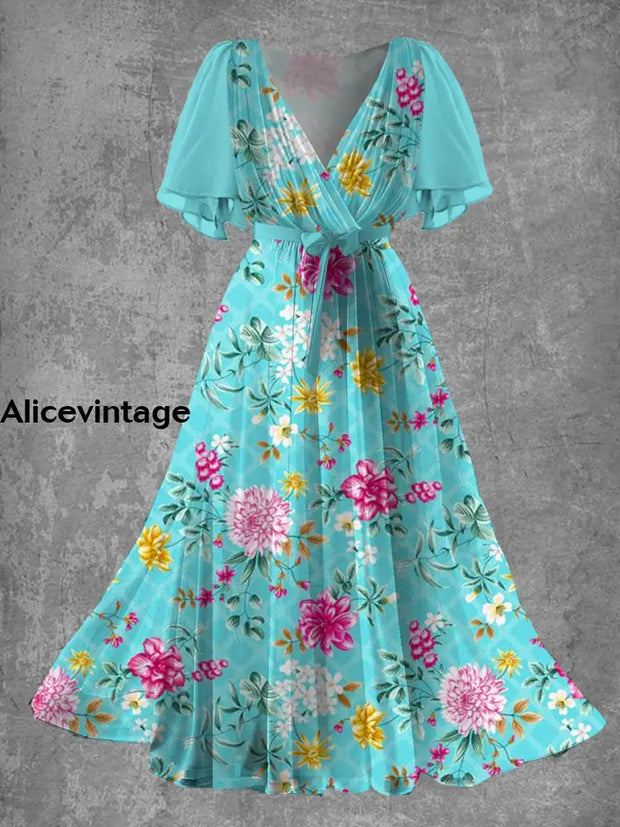 Vintage Floral Print Elegant V-Neck Chic Short Sleeve Midi Dress A / S