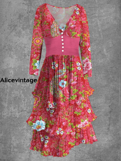 Vintage Floral Print Long Sleeve V-Neck Button Up Retro Midi Dress A / S