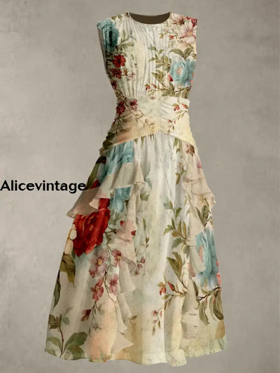 Vintage Floral Print Round Neck Sleeveless Maxi Dress A / S