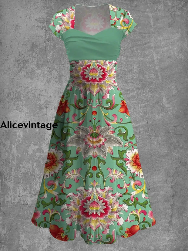 Vintage Floral Print Short Sleeve Elegant Chic Midi Dress A / S