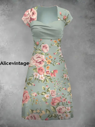 Vintage Floral Print Short Sleeve Midi Dress