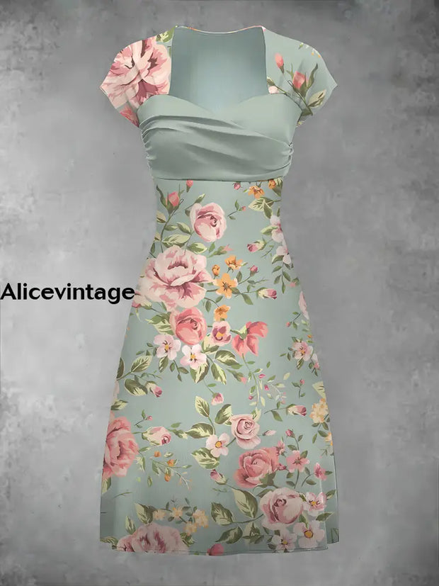 Vintage Floral Print Short Sleeve Midi Dress A / S