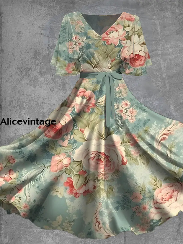 Vintage Floral Print Short Sleeve V-Neck Elegant Chic Flowy Midi Dress A / S