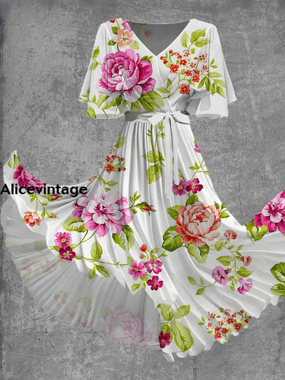 Vintage Floral Print Short Sleeve V-Neck Elegant Chic Flowy Midi Dress A / S