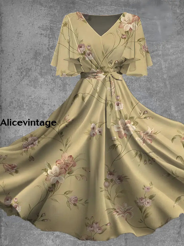 Vintage Floral Print Short Sleeve V-Neck Elegant Chic Flowy Midi Dress A / S