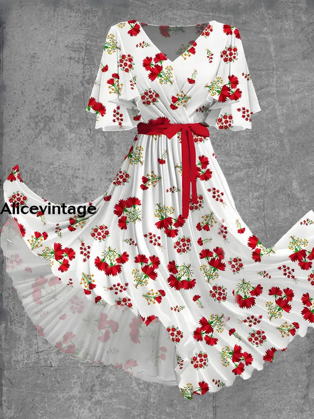 Vintage Floral Print Short Sleeve V-Neck Elegant Chic Flowy Midi Dress A / S