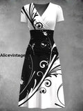 Vintage Floral Print Short Sleeve V Neck Midi Dress Color / S