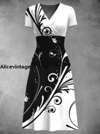 Vintage Floral Print Short Sleeve V Neck Midi Dress Color / S