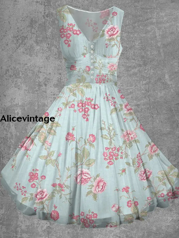 Vintage Floral Print Sleeveless V-Neck Button 50S Elegant Chic Flowing Midi Dress A / S