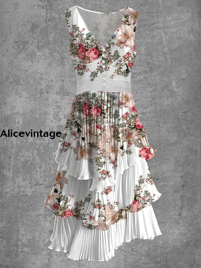 Vintage Floral Print Sleeveless V-Neck Button Up Flowy Midi Dress A / S