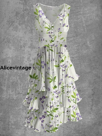 Vintage Floral Print Sleeveless V-Neck Button Up Flowy Midi Dress A / S