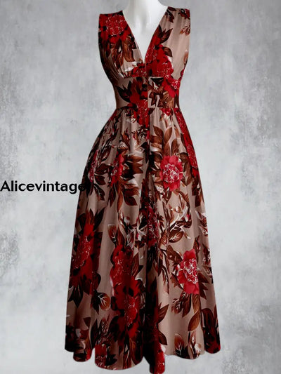 Vintage Floral Print V-Neck 50’S Elegant Chic Sleeveless Maxi Dress A / S