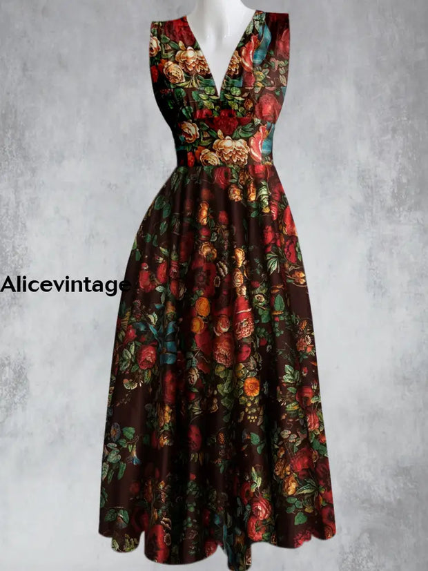 Vintage Floral Print V-Neck 50’S Elegant Chic Sleeveless Maxi Dress A / S