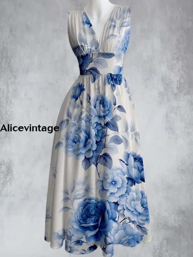 Vintage Floral Print V-Neck 50’S Elegant Chic Sleeveless Maxi Dress A / S