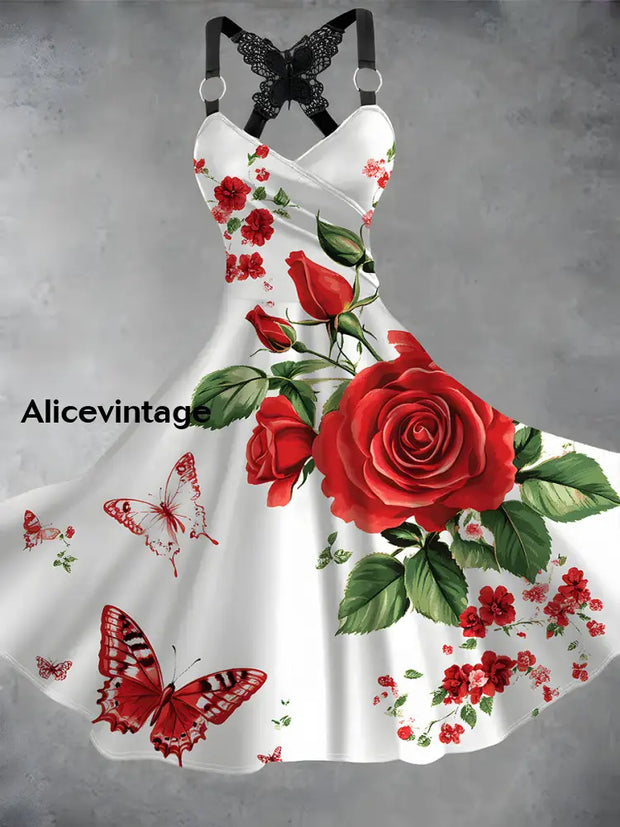 Vintage Floral Print V-Neck Butterfly Lace Suspender Loose Short Sleeve Midi Dress A / S