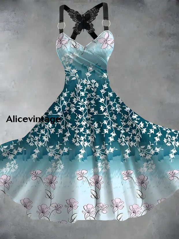 Vintage Floral Print V-Neck Butterfly Lace Suspender Loose Short Sleeve Midi Dress A / S