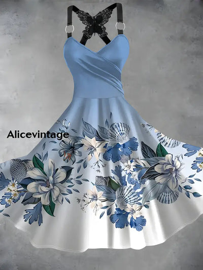 Vintage Floral Print V-Neck Butterfly Lace Suspender Loose Short Sleeve Midi Dress A / S