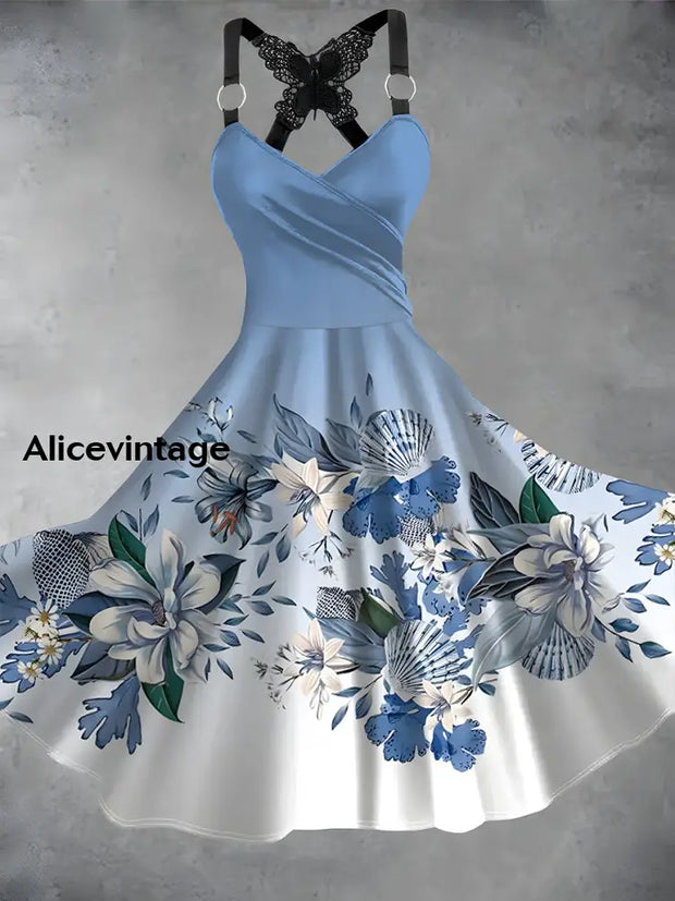 Vintage Floral Print V-Neck Butterfly Lace Suspender Loose Short Sleeve Midi Dress A / S