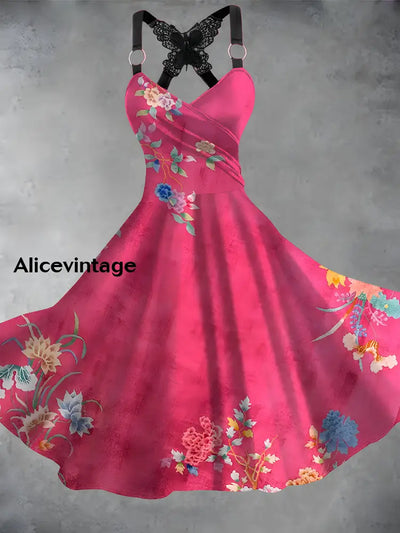 Vintage Floral Print V-Neck Butterfly Lace Suspender Loose Short Sleeve Midi Dress A / S