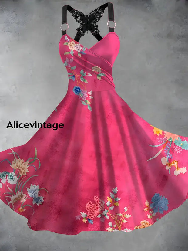 Vintage Floral Print V-Neck Butterfly Lace Suspender Loose Short Sleeve Midi Dress A / S