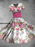 Vintage Floral Print V-Neck Elegant Chic Loose Short Sleeve Midi Dress A / S