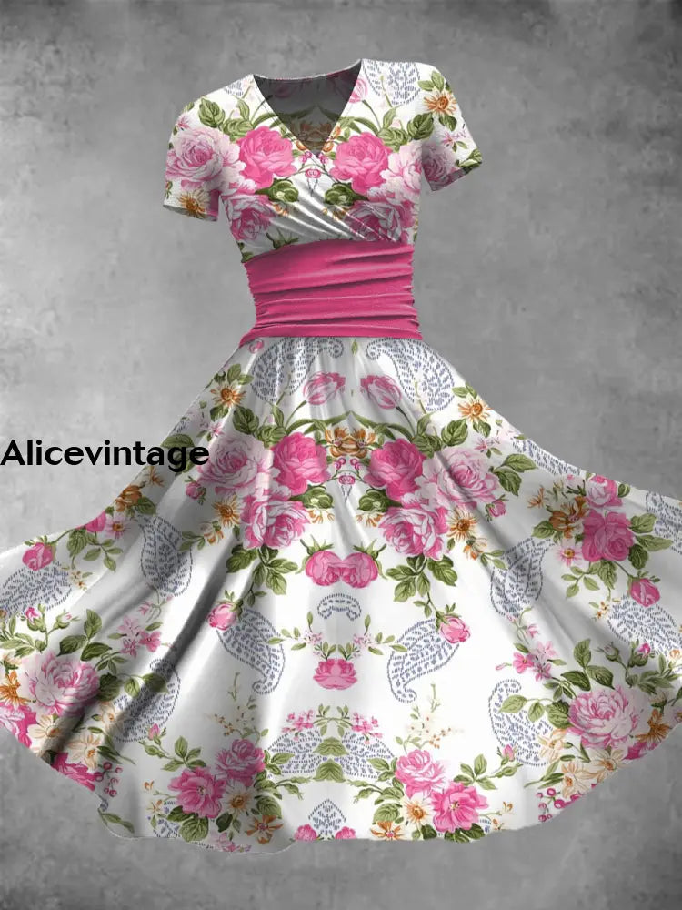 Vintage Floral Print V-Neck Elegant Chic Loose Short Sleeve Midi Dress A / S