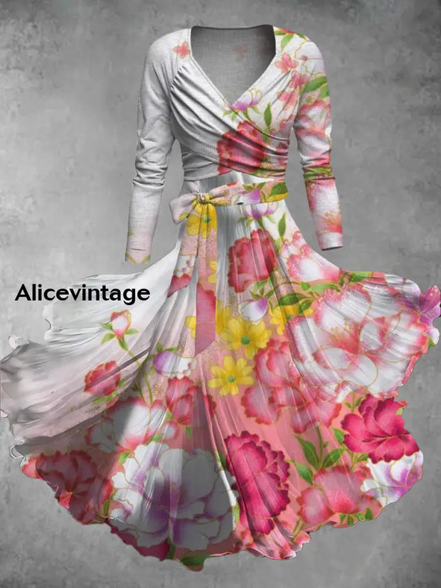 Vintage Floral Print V-Neck Elegant Chic Midi Two-Piece Long Sleeve Dress A / S