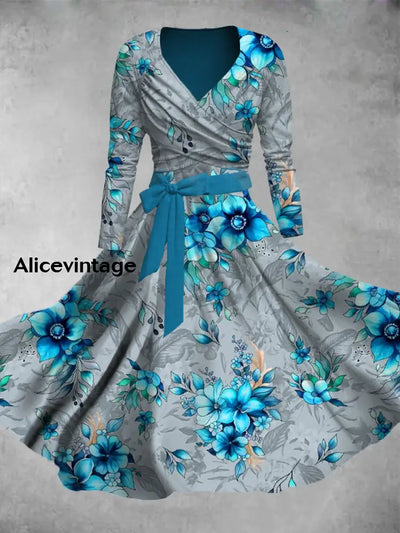 Vintage Floral Print V-Neck Elegant Chic Midi Two-Piece Long Sleeve Dress A / S