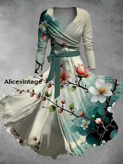 Vintage Floral Print V-Neck Elegant Chic Midi Two-Piece Long Sleeve Dress A / S