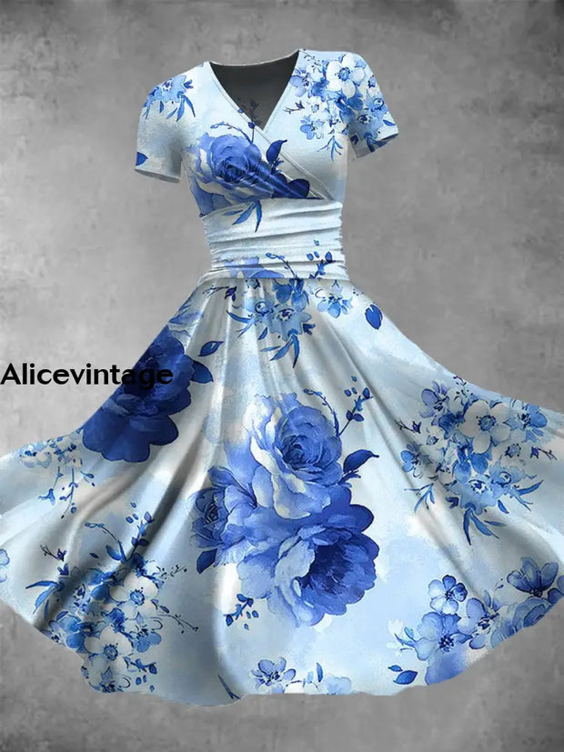 Vintage Floral Print V-Neck Elegant Chic Short Sleeve Midi Dress A / S