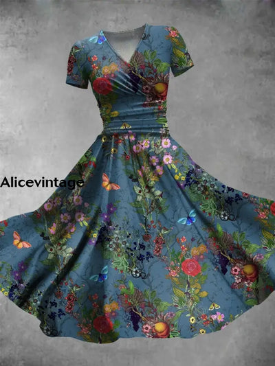 Vintage Floral Print V Neck Elegant Chic Short Sleeve Midi Dress A / S