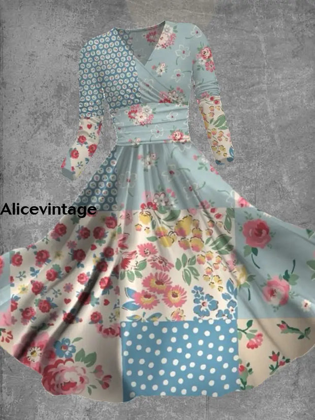 Vintage Floral Print V-Neck Long Sleeve Midi Dress A / S