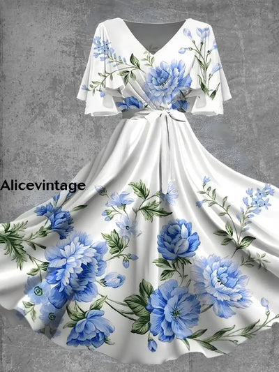 Vintage Floral Print V-Neck Short Sleeve Elegant Chic Flowy Midi Dress A / S