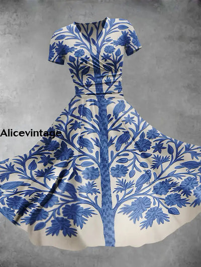 Vintage Floral Print V-Neck Short Sleeve Midi Dress A / S