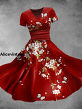 Vintage Floral Print V-Neck Short Sleeve Midi Dress A / S