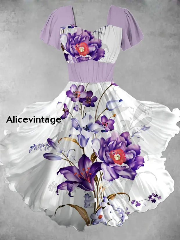 Vintage Floral Print V Neck Short Sleeve Midi Dress main image 1