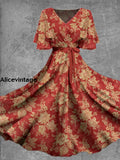 Vintage Floral Print V-Neck Short Sleeve Midi Dress A / S