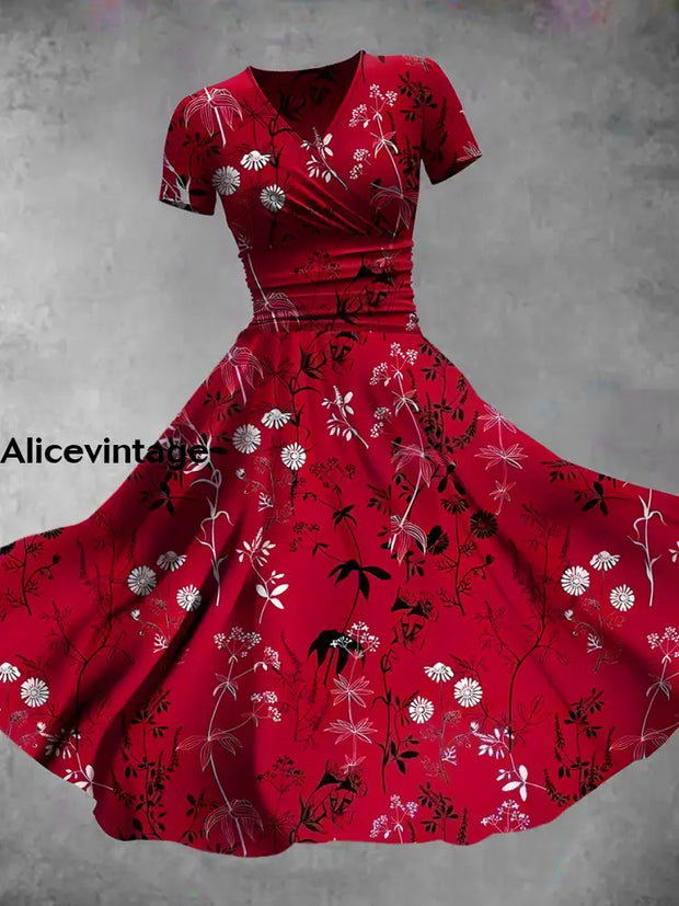 Vintage Floral Print V-Neck Short Sleeve Midi Dress A / S