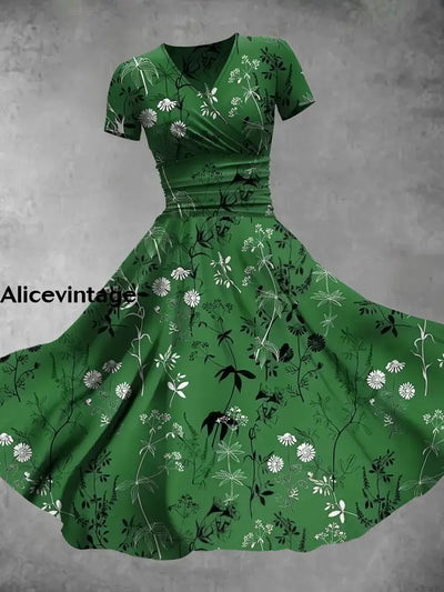 Vintage Floral Print V-Neck Short Sleeve Midi Dress A / S