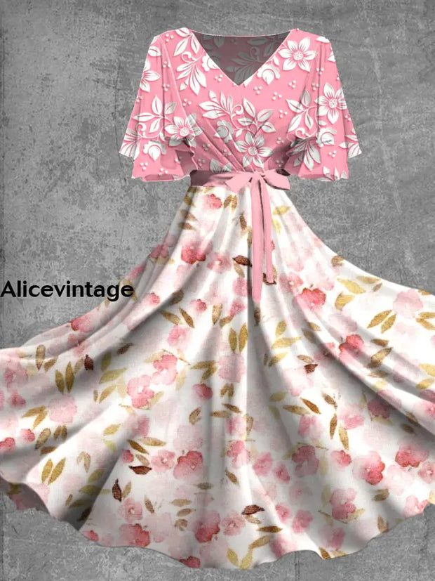 Vintage Floral Print V-Neck Short Sleeve Midi Dress A / S