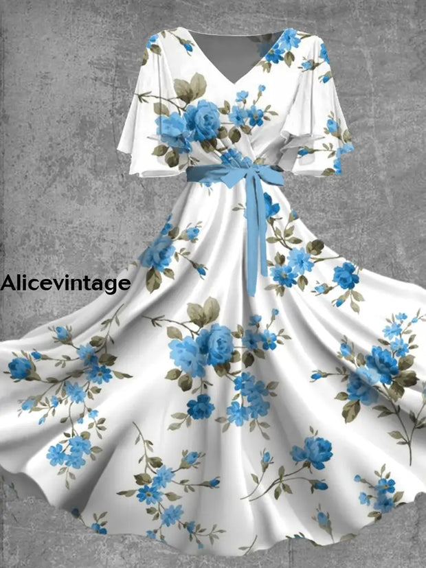 Vintage Floral Print V-Neck Short Sleeve Midi Dress A / S