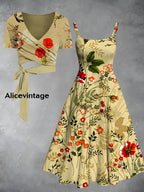 Vintage Floral Print V-Neck Short Sleeve Two-Piece Midi Dress