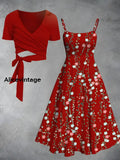 Vintage Floral Print V-Neck Short Sleeve Two-Piece Midi Dress A / S