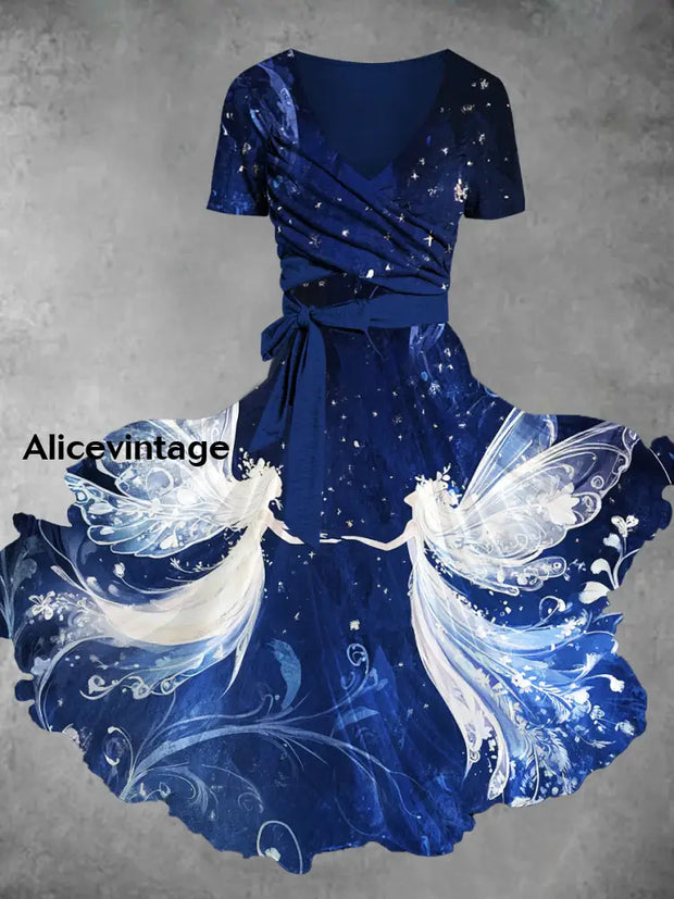 Vintage Floral Print V-Neck Short Sleeve Two-Piece Midi Dress A / S