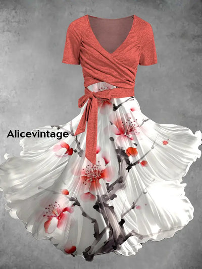 Vintage Floral Print V-Neck Short Sleeve Two-Piece Midi Dress A / S