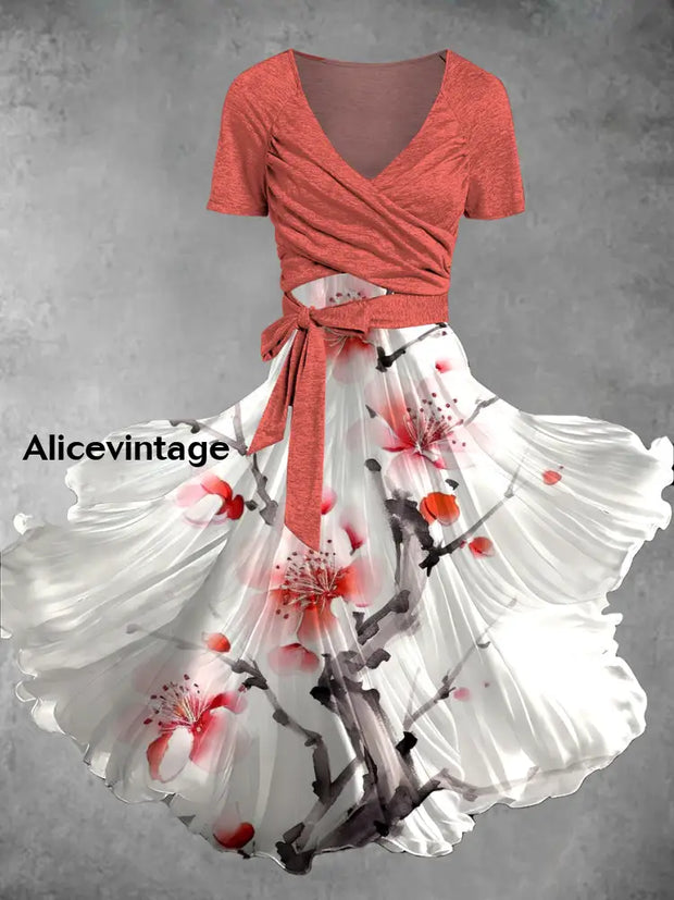 Vintage Floral Print V-Neck Short Sleeve Two-Piece Midi Dress A / S