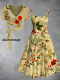 Vintage Floral Print V-Neck Short Sleeve Two-Piece Midi Dress A / S