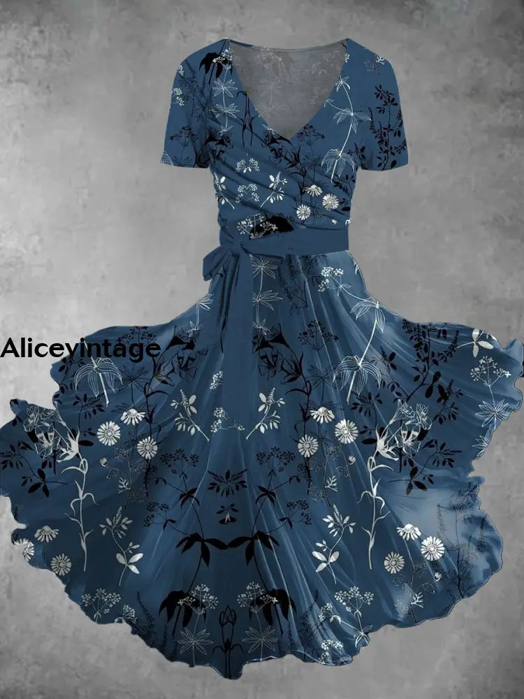 Vintage Floral Print V-Neck Short Sleeve Two-Piece Midi Dress A / S