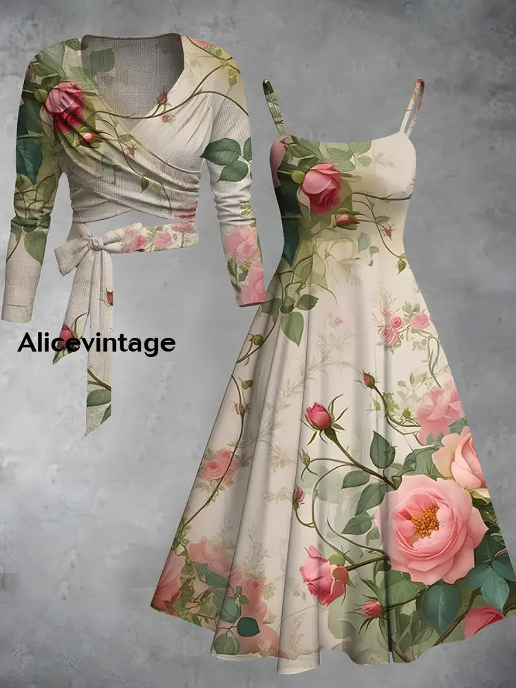 Vintage Floral Print V-Neck Short Sleeve Two-Piece Midi Dress A / S